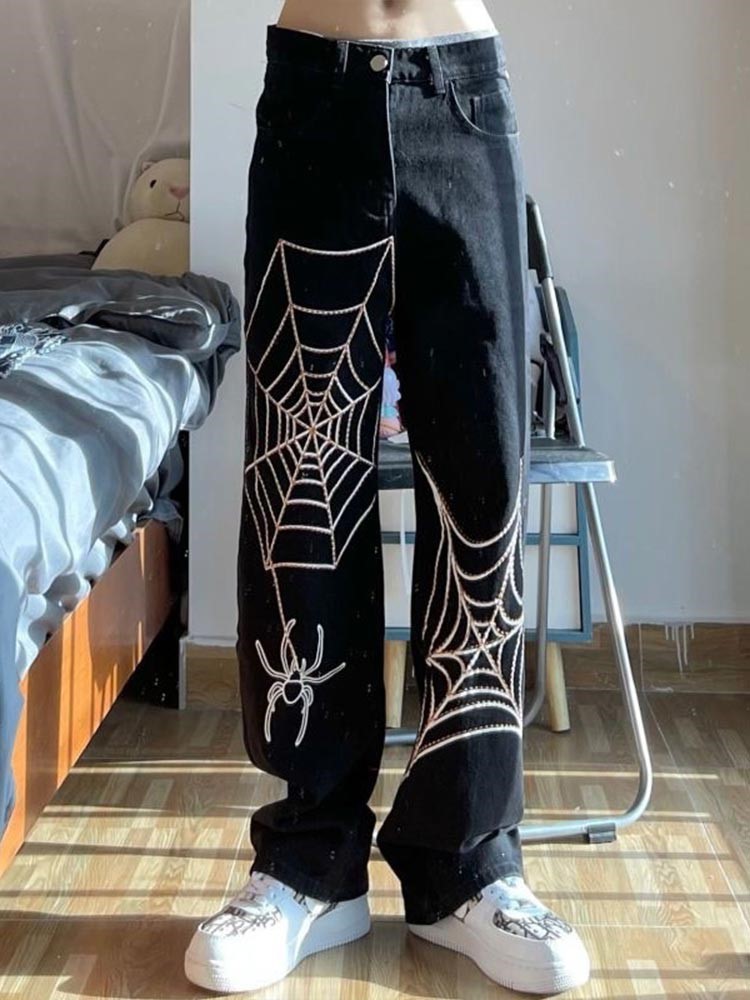 Women&s Spider Web Embroidery Black Jeans 2022 Harajuku Vintage Streetwear Jeans High Waisted Loose Straight Wide Leg Y2k Pants